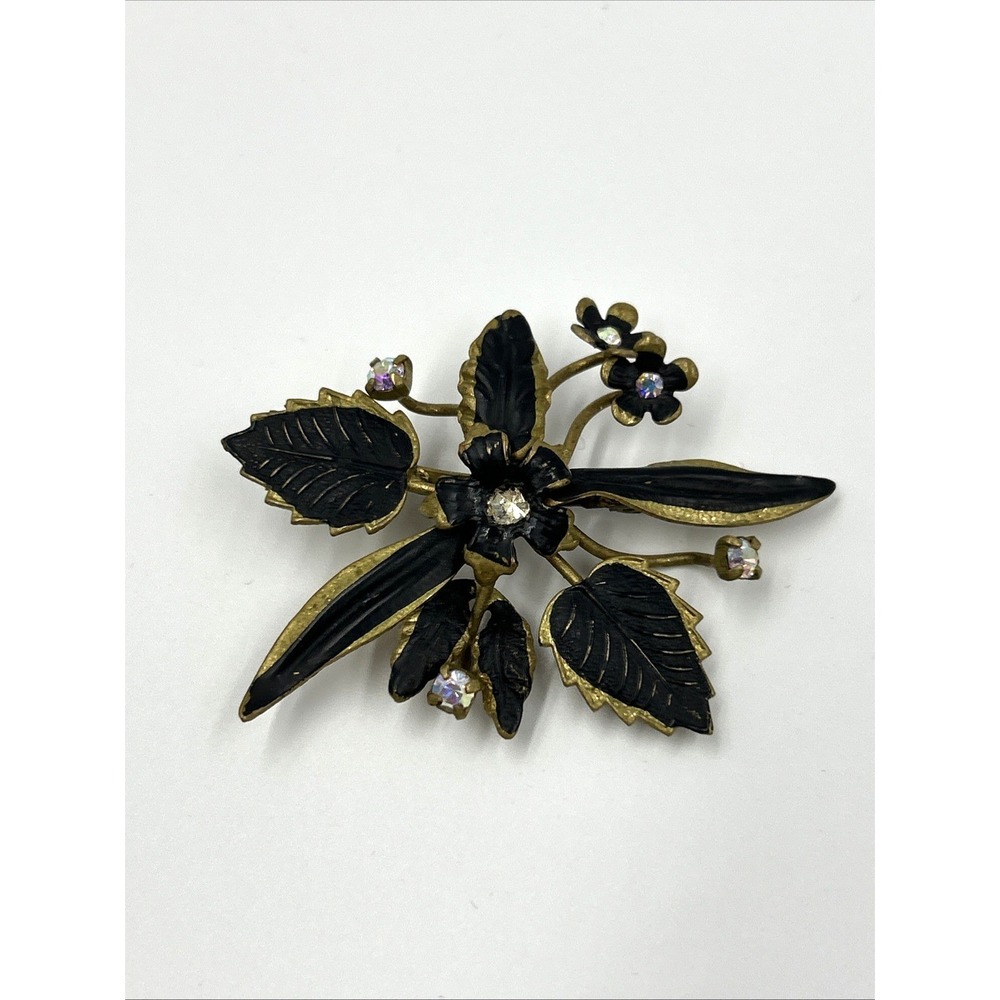 Vintage‎ Austrian AB Crystal Brooch Gold Tone Black Enamel Paint Flower Leaves